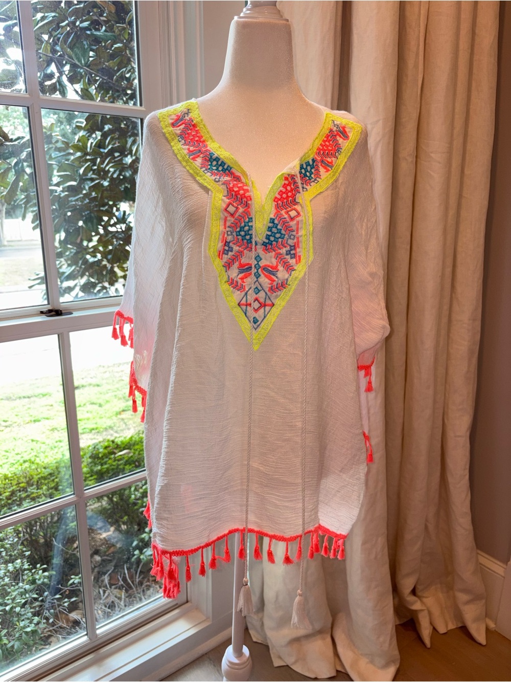Do everything in love White Tunic with Neon Yellow and Coral Embroidery
